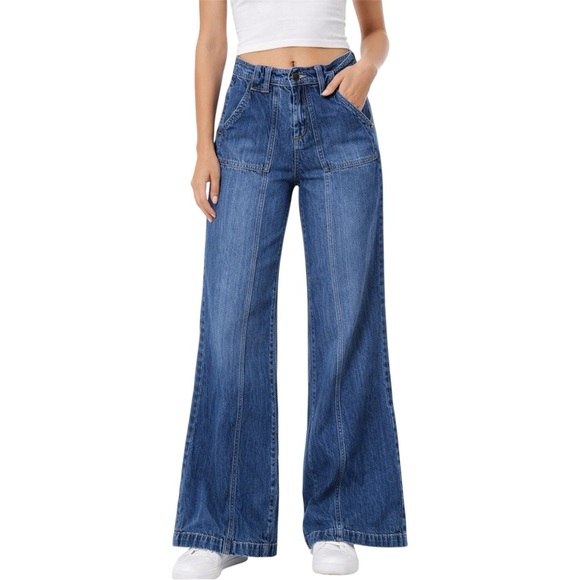 Gianni Bini Denim - Gianni Bini High Rise Wide Leg Flare Jeans Patch Pocket Utility Denim 25 Seamed